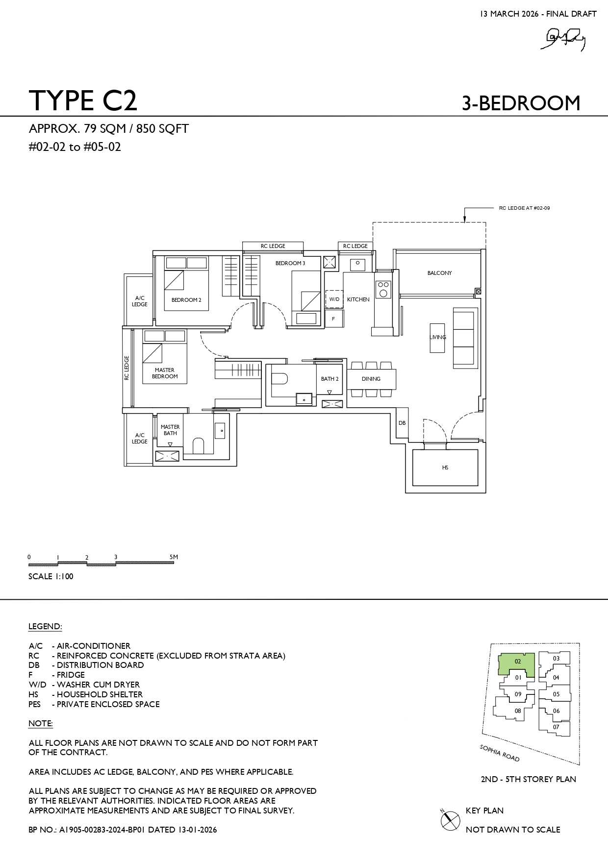 Sophia Meadow Type C2 3-bedroom floor plan measuring approximately 850 sq ft, featuring living and dining areas, kitchen, household shelter, three bedrooms, two bathrooms and a balcony.