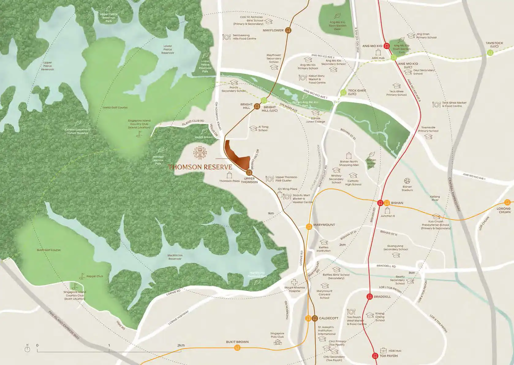 Location map of Thomson Reserve near Upper Thomson MRT, showing nearby schools, Thomson Plaza, Windsor Nature Park, MacRitchie Reservoir and surrounding transport links.