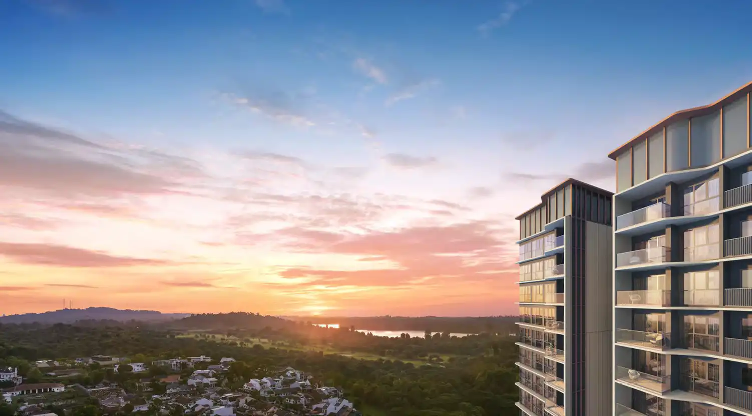 Artist’s impression of Thomson Reserve’s residential towers at sunset, overlooking landed homes, lush greenery and a distant reservoir.