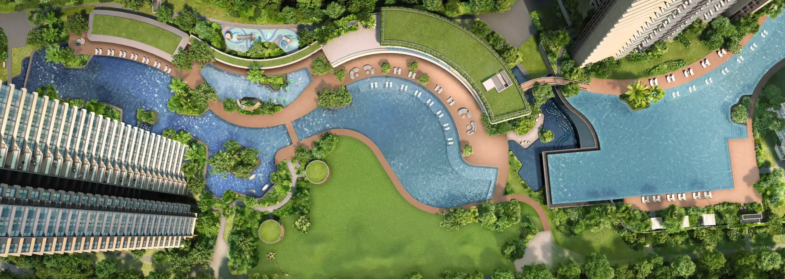 Artist’s aerial impression of Thomson Reserve’s landscaped grounds, showing curved swimming pools, sun decks, a central lawn and gardens between residential towers.