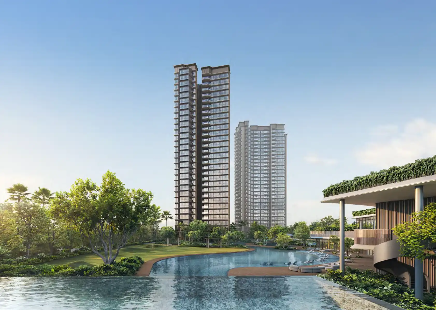 Artist’s impression of Thomson Reserve’s residential towers overlooking a curved swimming pool, landscaped lawn and clubhouse with a spiral staircase.