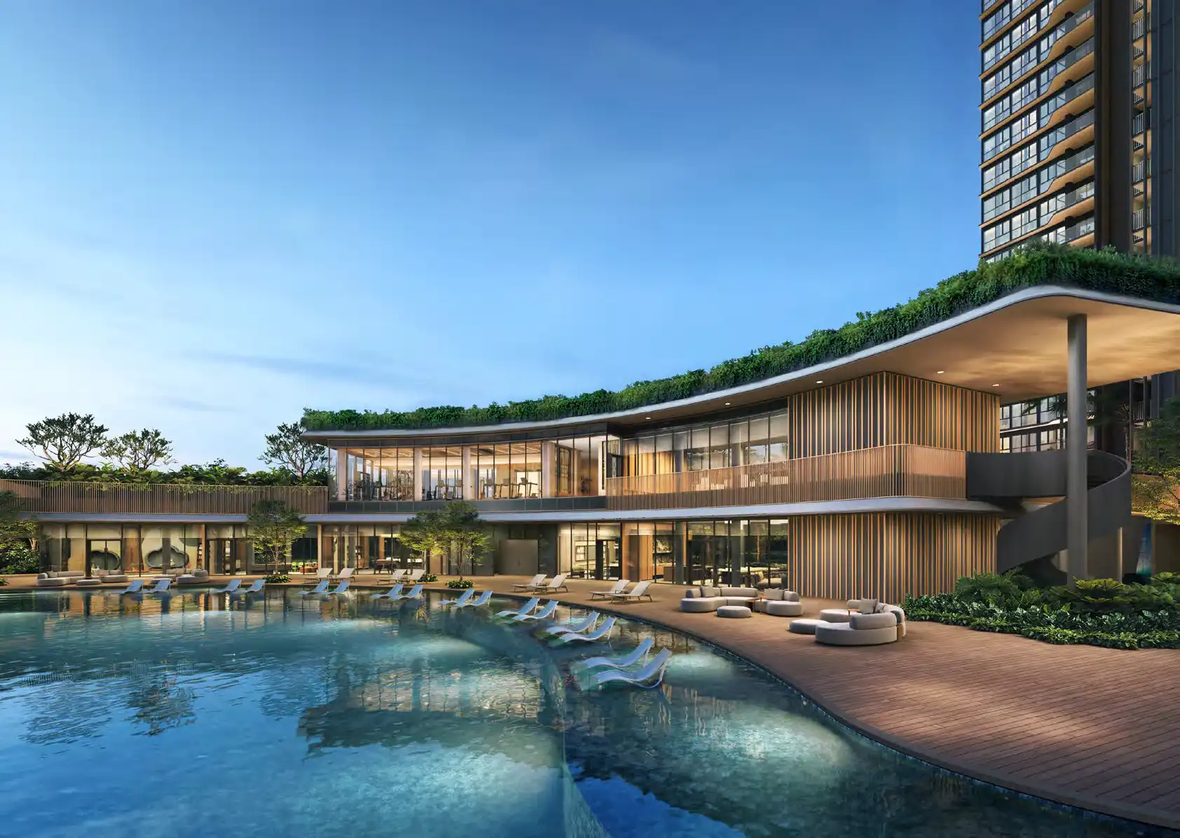 Artist’s impression of Thomson Reserve’s two-storey clubhouse beside a curved swimming pool, featuring submerged loungers, a poolside deck, gym and spiral staircase.