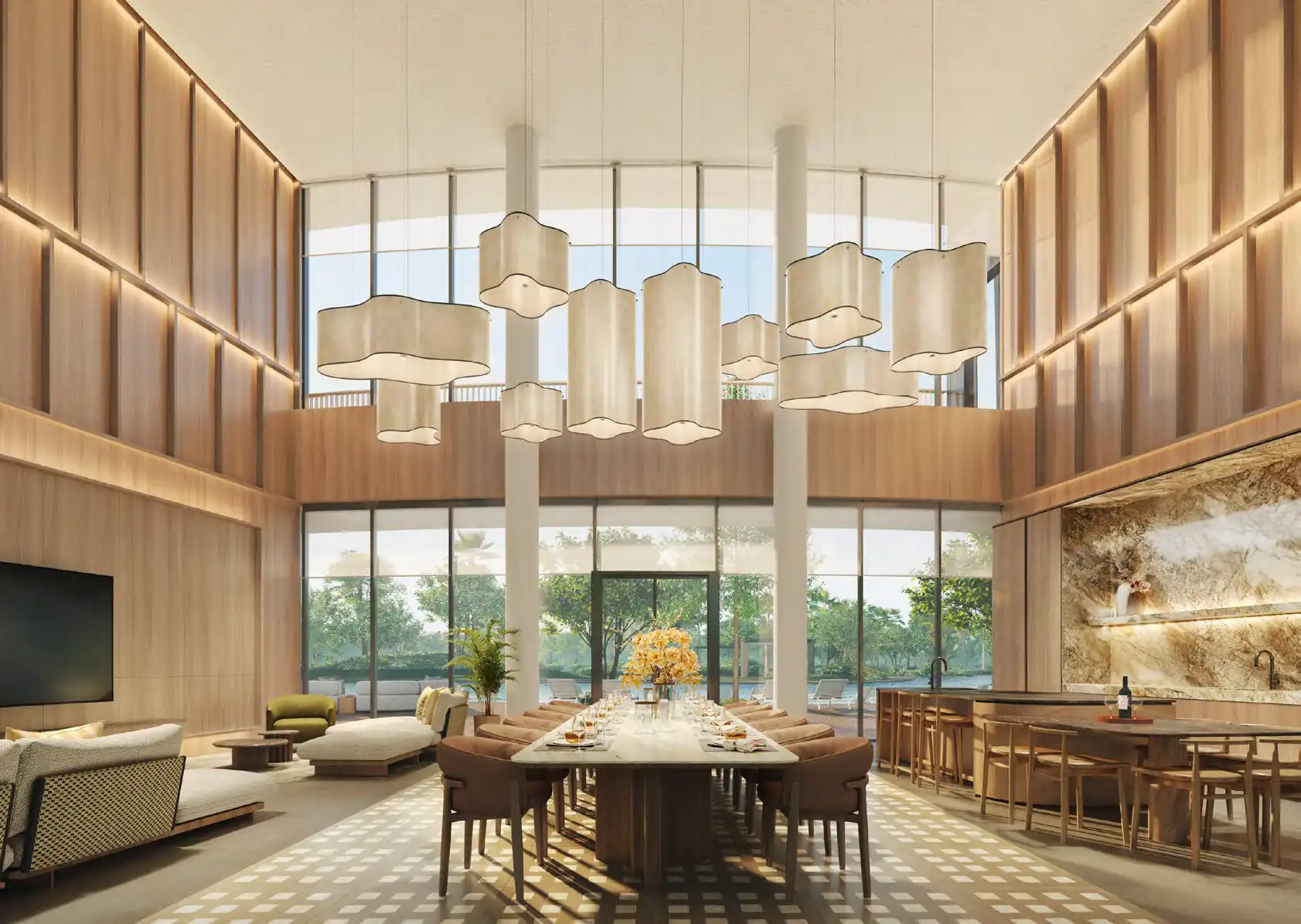 Artist’s impression of Thomson Reserve’s double-height clubhouse dining lounge, featuring a long dining table, sculptural pendant lights, lounge seating and a bar counter.