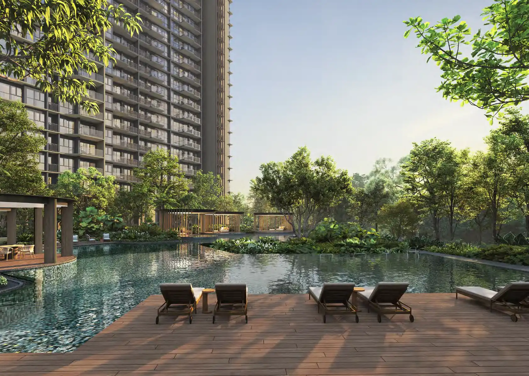 Artist’s impression of Thomson Reserve’s swimming pool surrounded by lush gardens, shaded pavilions and a timber sun deck with loungers beside a residential tower.