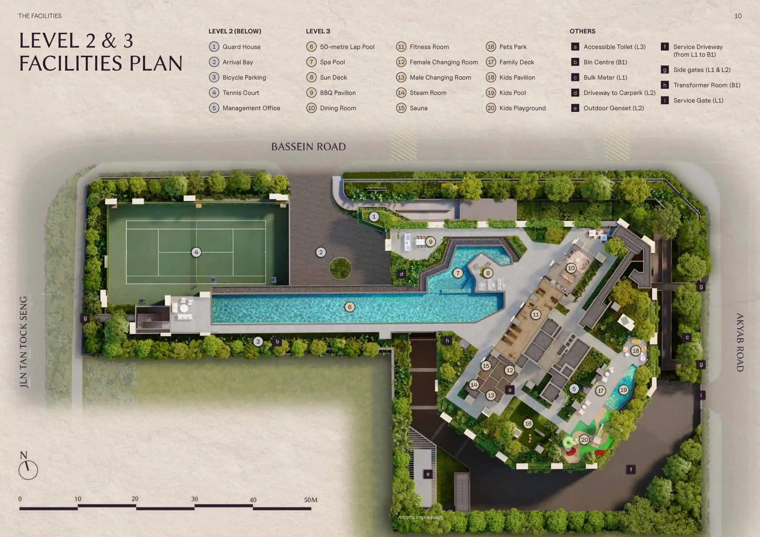 Level 2 and 3 facilities plan at The Serra Residences, showing the 50-metre lap pool, tennis court, spa pool, fitness room, dining and BBQ pavilions, kids’ facilities and landscaped communal areas.