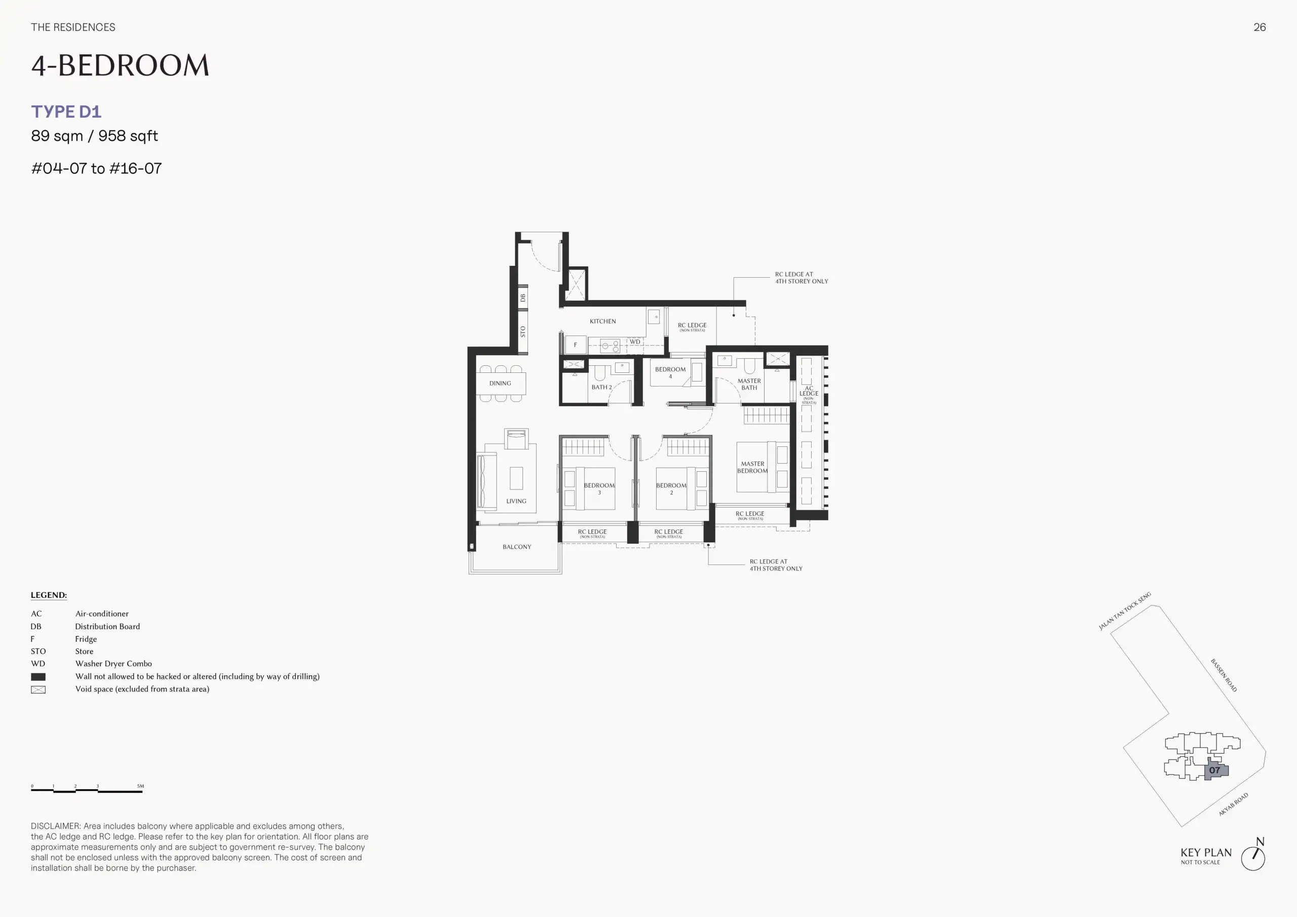 The Serra Residences Type D1 4-bedroom floor plan, measuring 958 sq ft, with two bathrooms, kitchen, dining and living areas, and balcony.