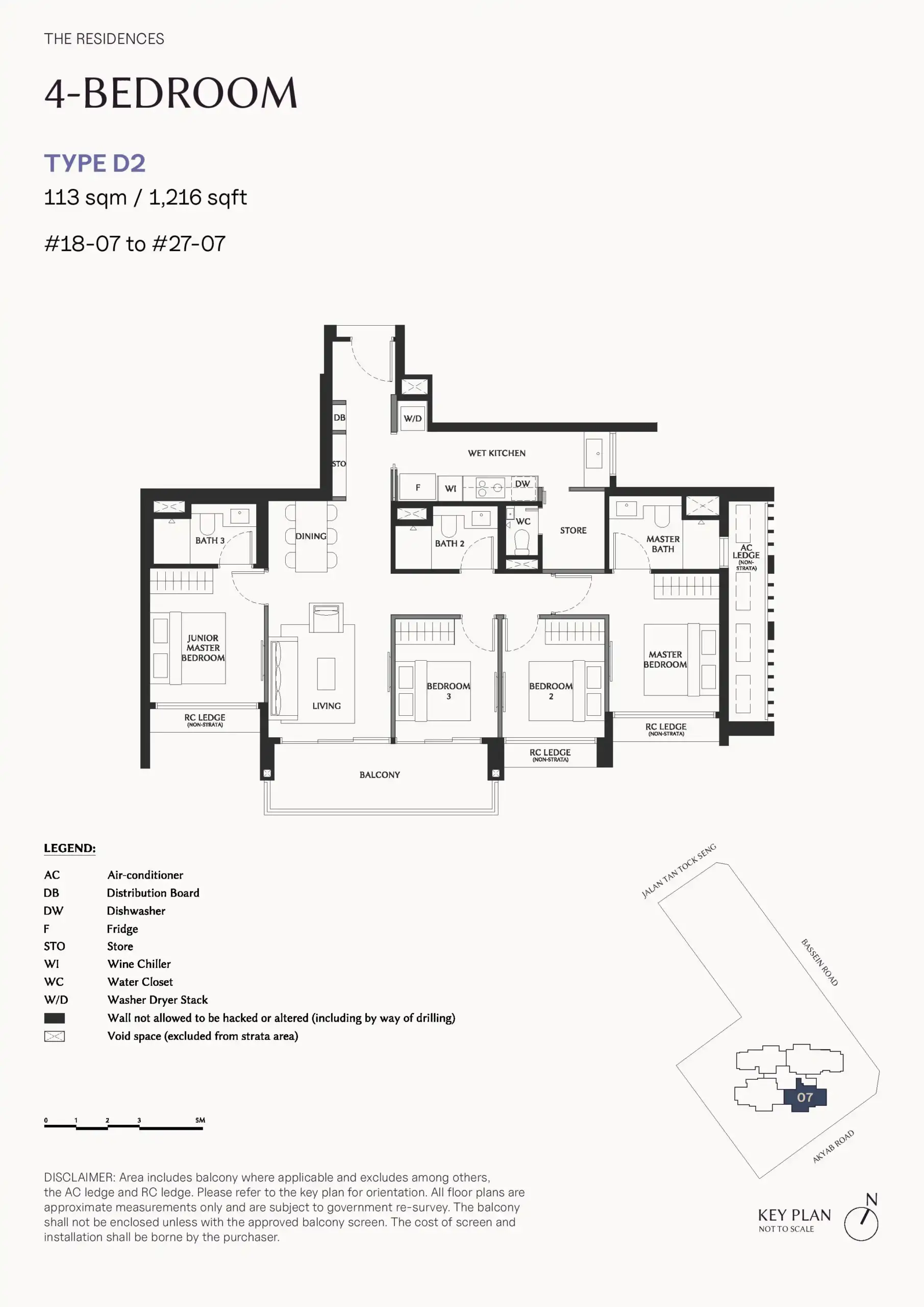 The Serra Residences Type D2 4-bedroom floor plan, measuring 1,216 sq ft, with three bathrooms, wet kitchen, store, dining and living areas, and balcony.