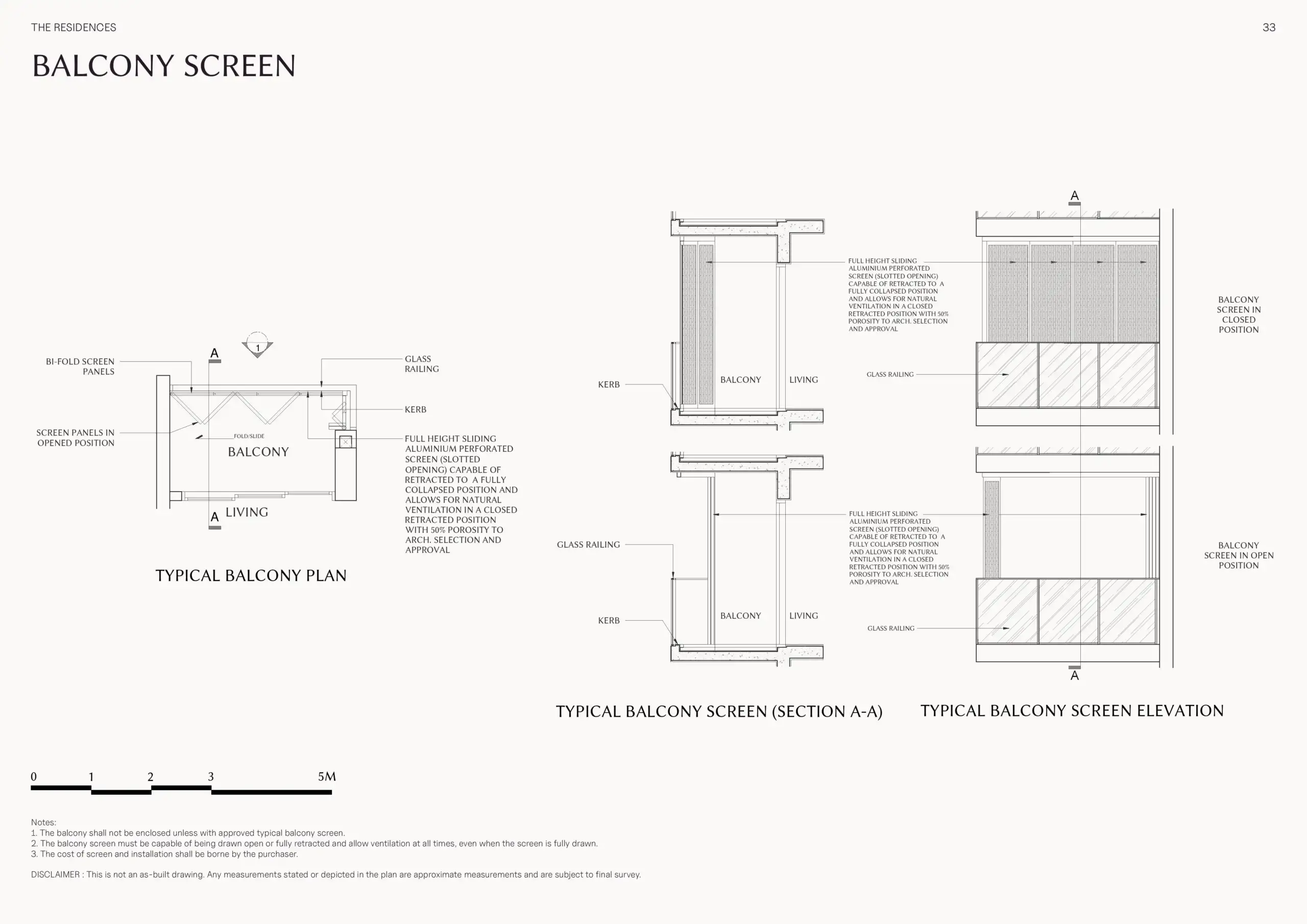 The Serra Residences balcony screen design showing the typical balcony plan, section and elevation with retractable bi-fold aluminium screen panels and glass railing.