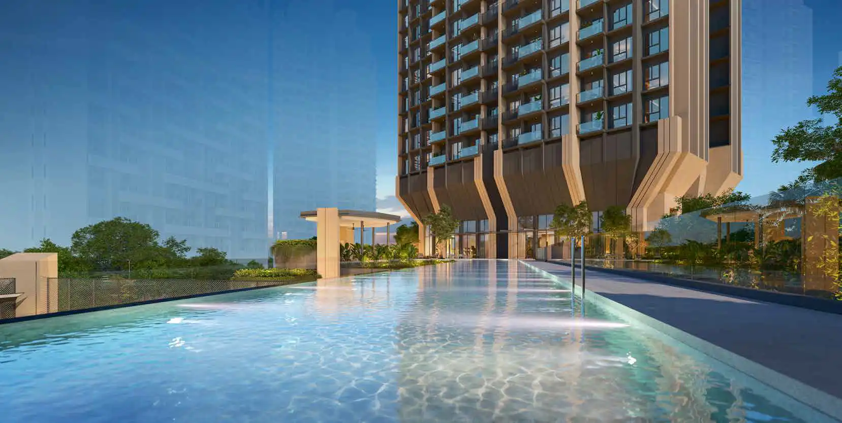 Level 3 swimming pool at The Serra Residences, featuring a landscaped pool deck beside the residential tower.