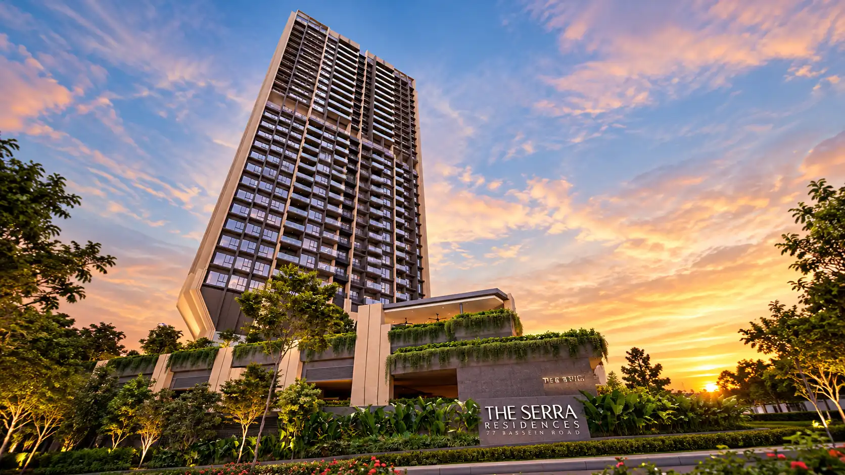 The Serra Residences condominium tower at sunset, featuring its landscaped entrance, modern architecture and residential façade in Novena, Singapore.