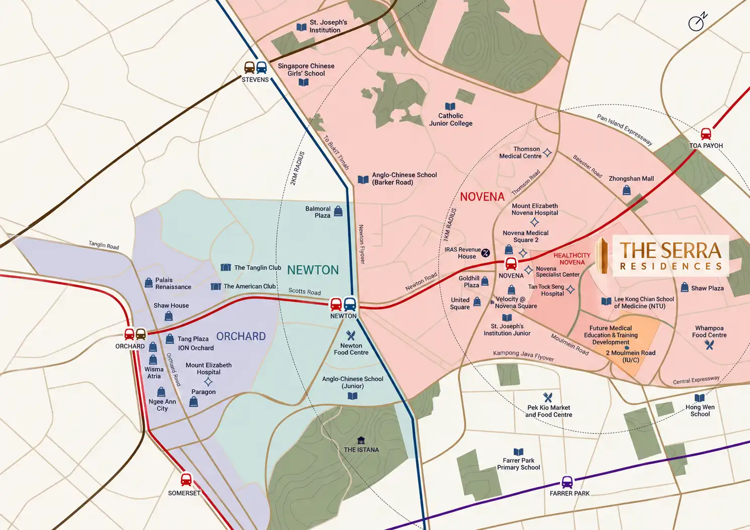 Location map of The Serra Residences in Novena, showing nearby MRT stations, schools, shopping malls, healthcare facilities and Orchard Road.