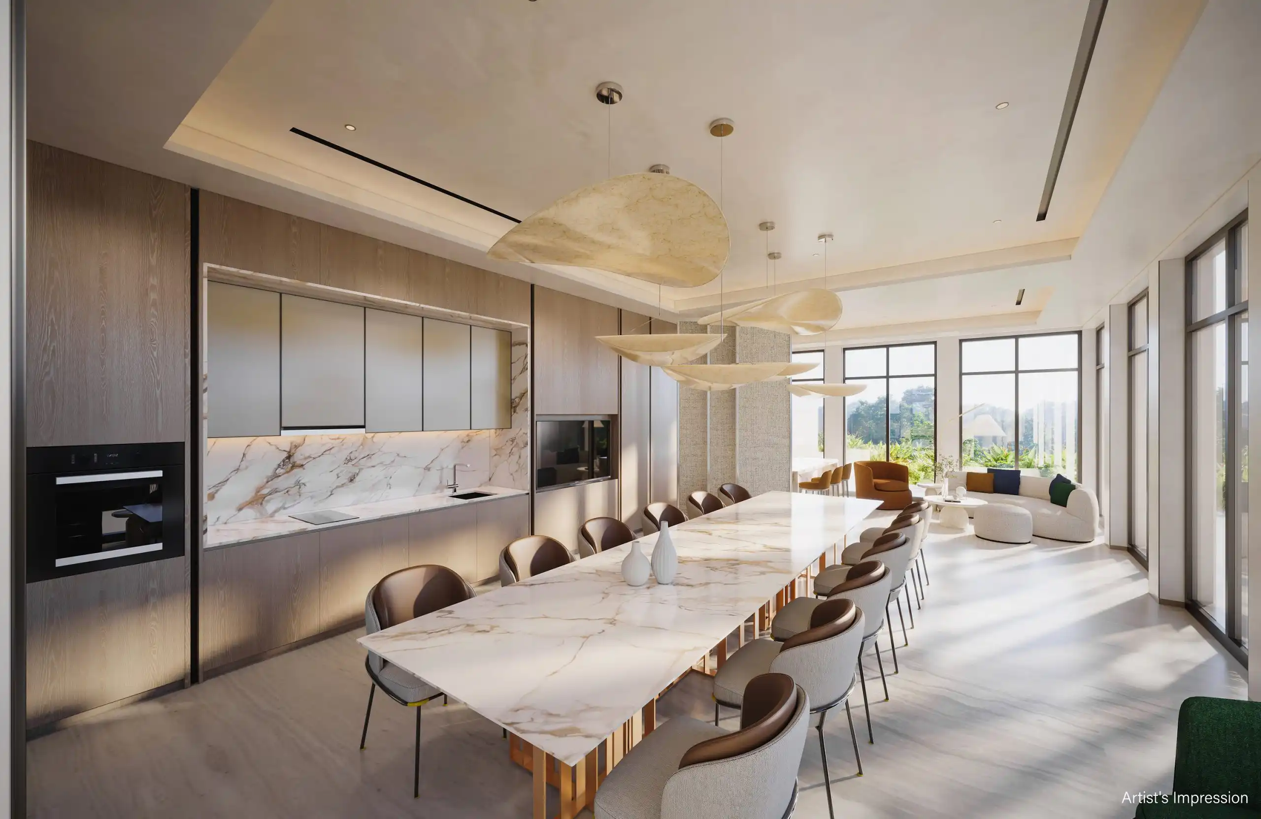 Artist’s impression of Bloomsbury Residences’ clubhouse interior with a long dining table, kitchenette, sculptural pendant lights and lounge seating beside full-height windows.