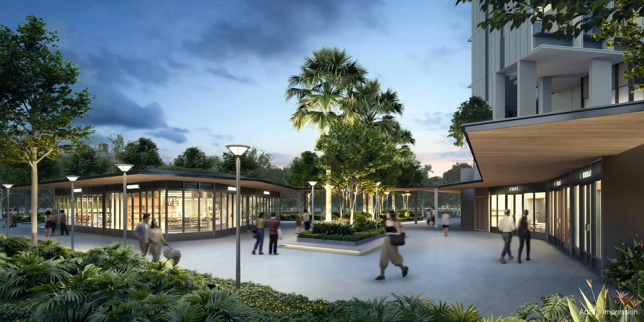 Artist’s impression of Bloomsbury Shoppes at dusk, showing illuminated retail outlets, pedestrians and a landscaped plaza with palm trees.