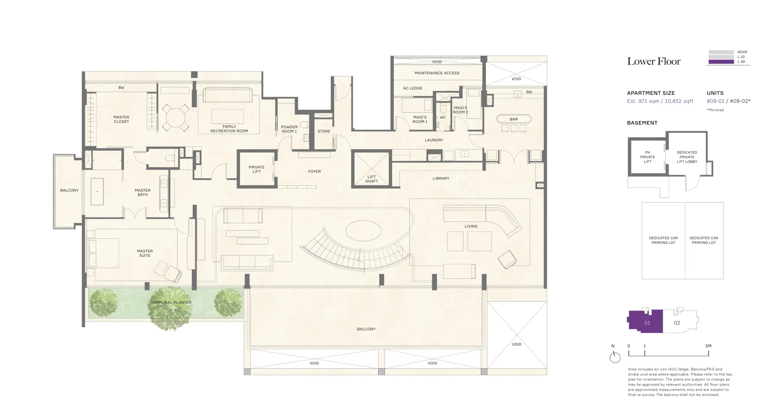Lower-level floor plan of 21 Anderson’s 10,452 sq ft triplex penthouse, showing the master suite, family recreation room, library, bar, living areas, balcony and private lift.