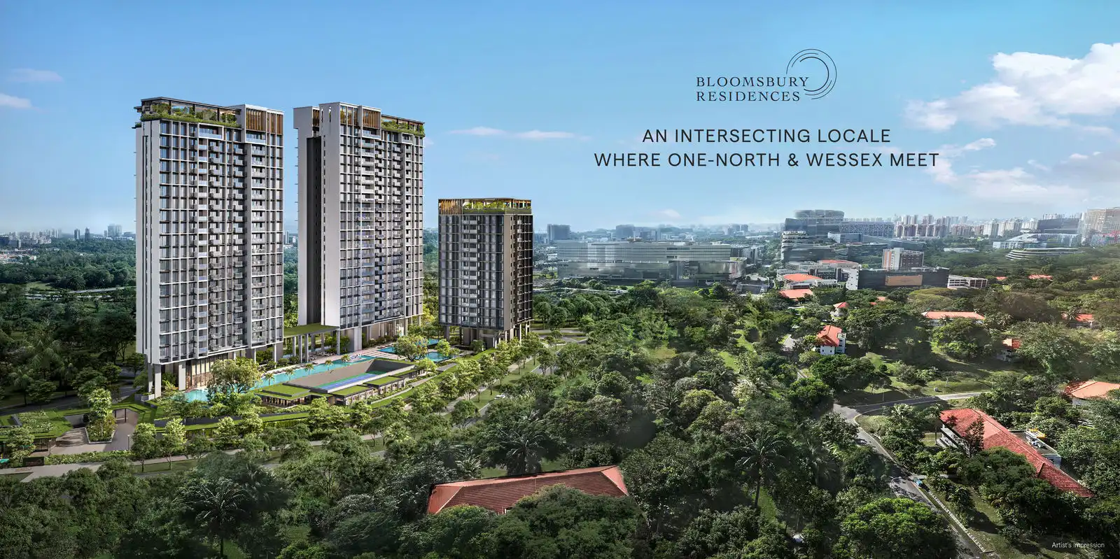 Artist’s impression of Bloomsbury Residences’ three towers, pools and landscaped grounds beside the greenery of Wessex estate, with one-north in the background.