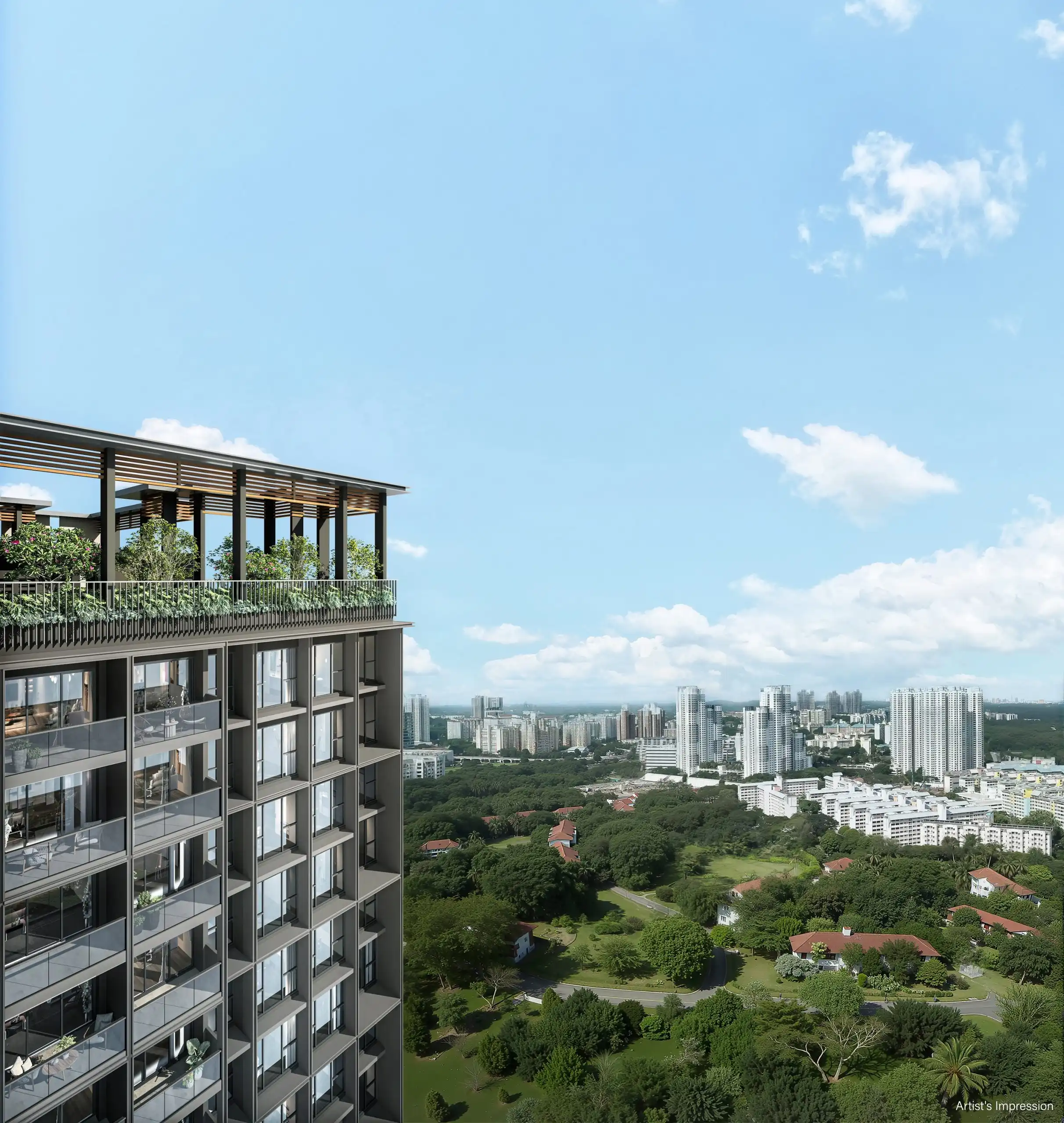 Artist’s impression of Bloomsbury Residences’ landscaped rooftop terrace overlooking the greenery and heritage houses of Wessex estate, with the city skyline beyond.