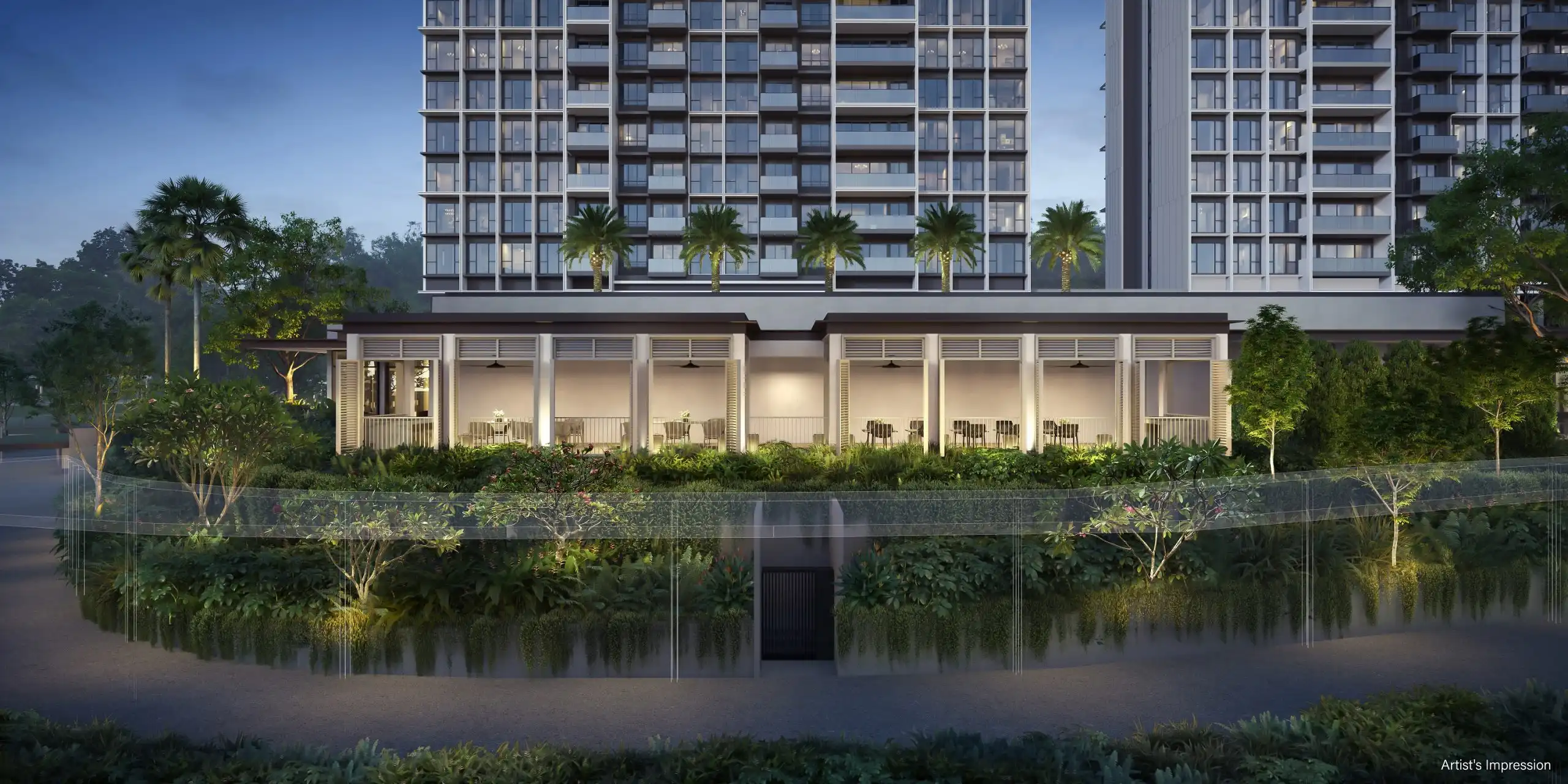 Artist’s impression of Bloomsbury Residences’ BBQ dining pavilions at dusk, with sheltered seating, white louvred panels and lush landscaping beneath the residential towers.