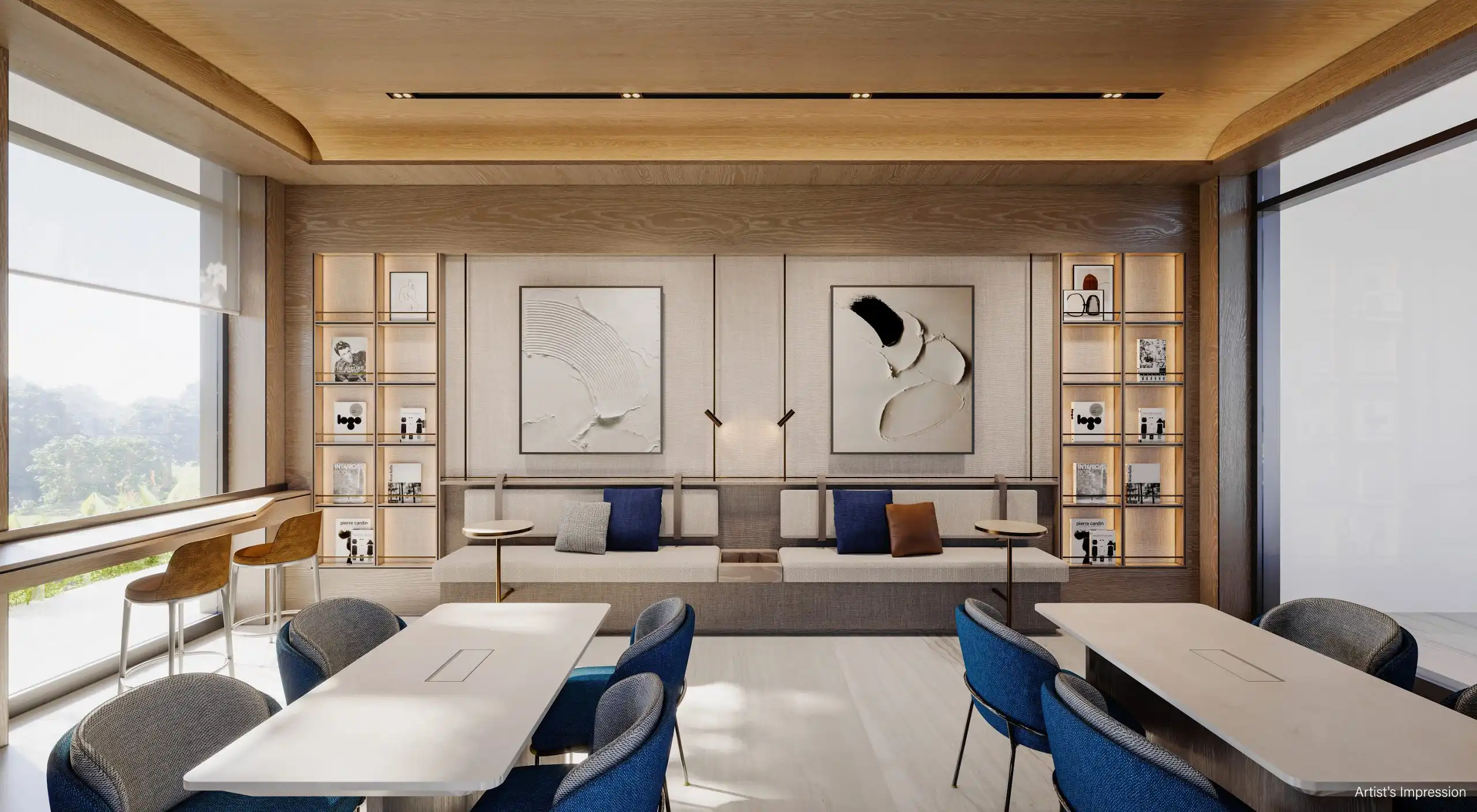 Artist’s impression of Bloomsbury Residences’ Reading Lounge with shared worktables, cushioned seating, bookshelves and a window-side counter overlooking greenery.