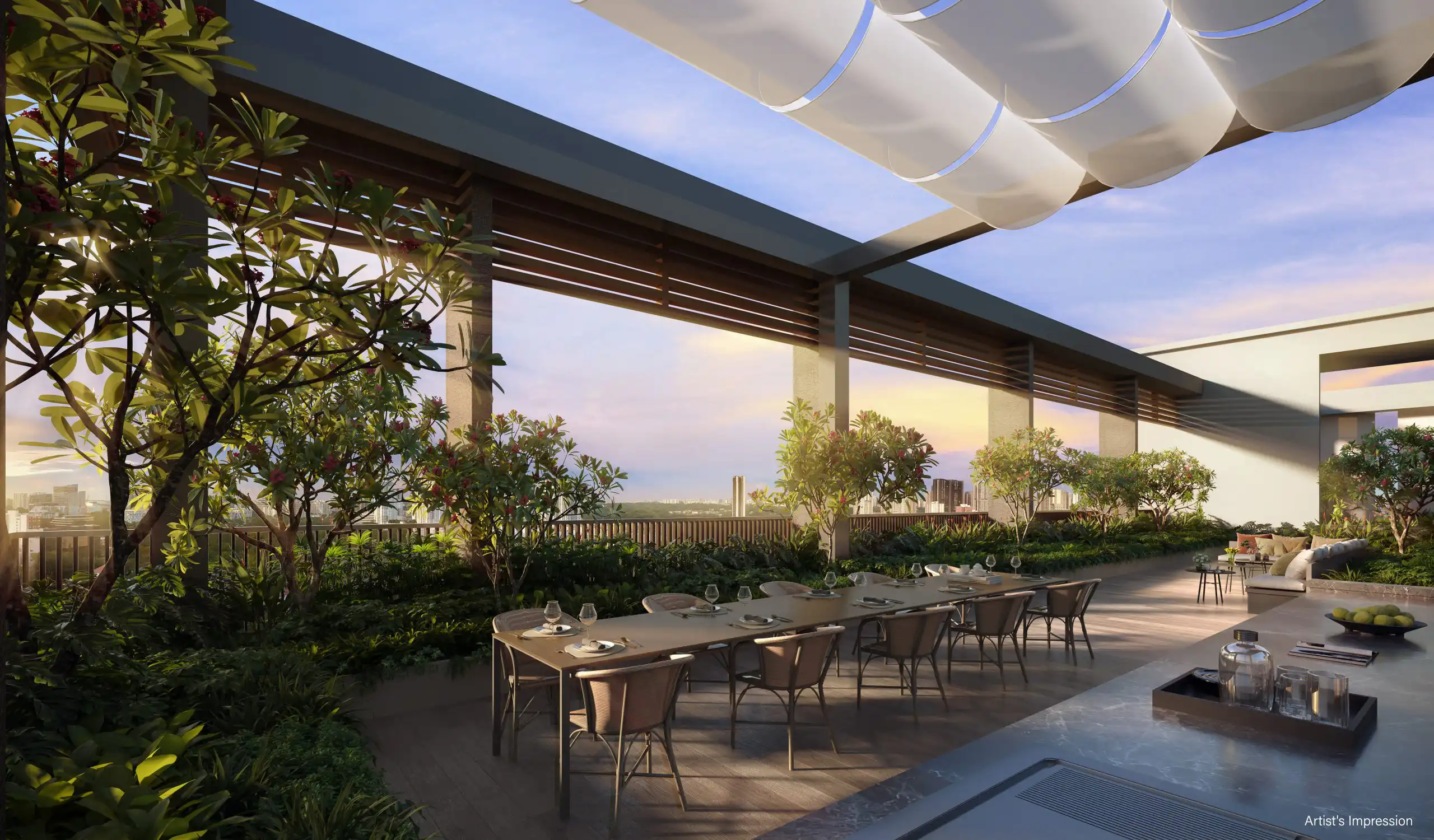 Artist’s impression of Bloomsbury Residences’ rooftop Sky Dining area with a long dining table, grilling counter, lounge seating and landscaped planting overlooking the skyline at sunset.
